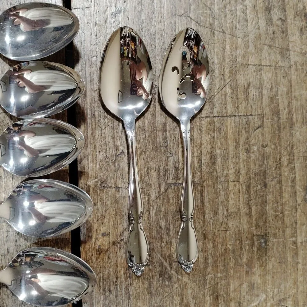 Seven Oneida Community Chatelaine Serving Spoons Stainless One Slotted Flatware